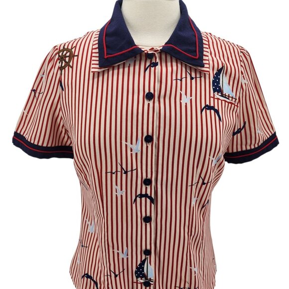 Hell Bunny Womens Medium Top Avery Blouse Sailboat Birds Striped Pinup Retro Red - Picture 2 of 11